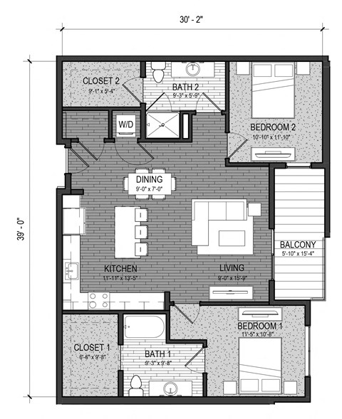 Floor plan for 2 beds, 2 baths, 1099 sqft